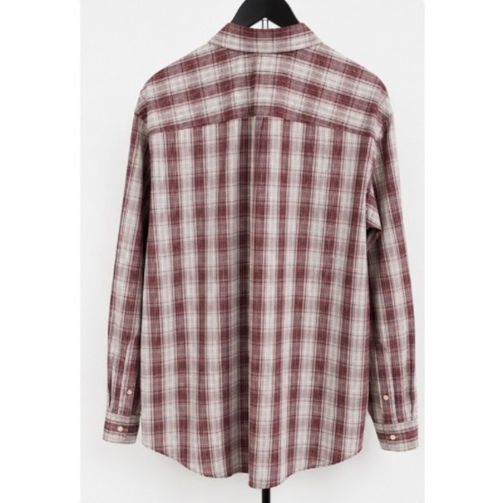 Puritan Mens Large Bordeaux Red Plaid Button Down Shirt Wrinkle Resistant L Long - Picture 2 of 5